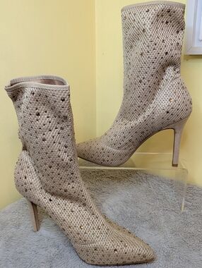 Rouge Helium Beige Sequin Mesh Ankle Boots - Pointed Toe Stiletto 8